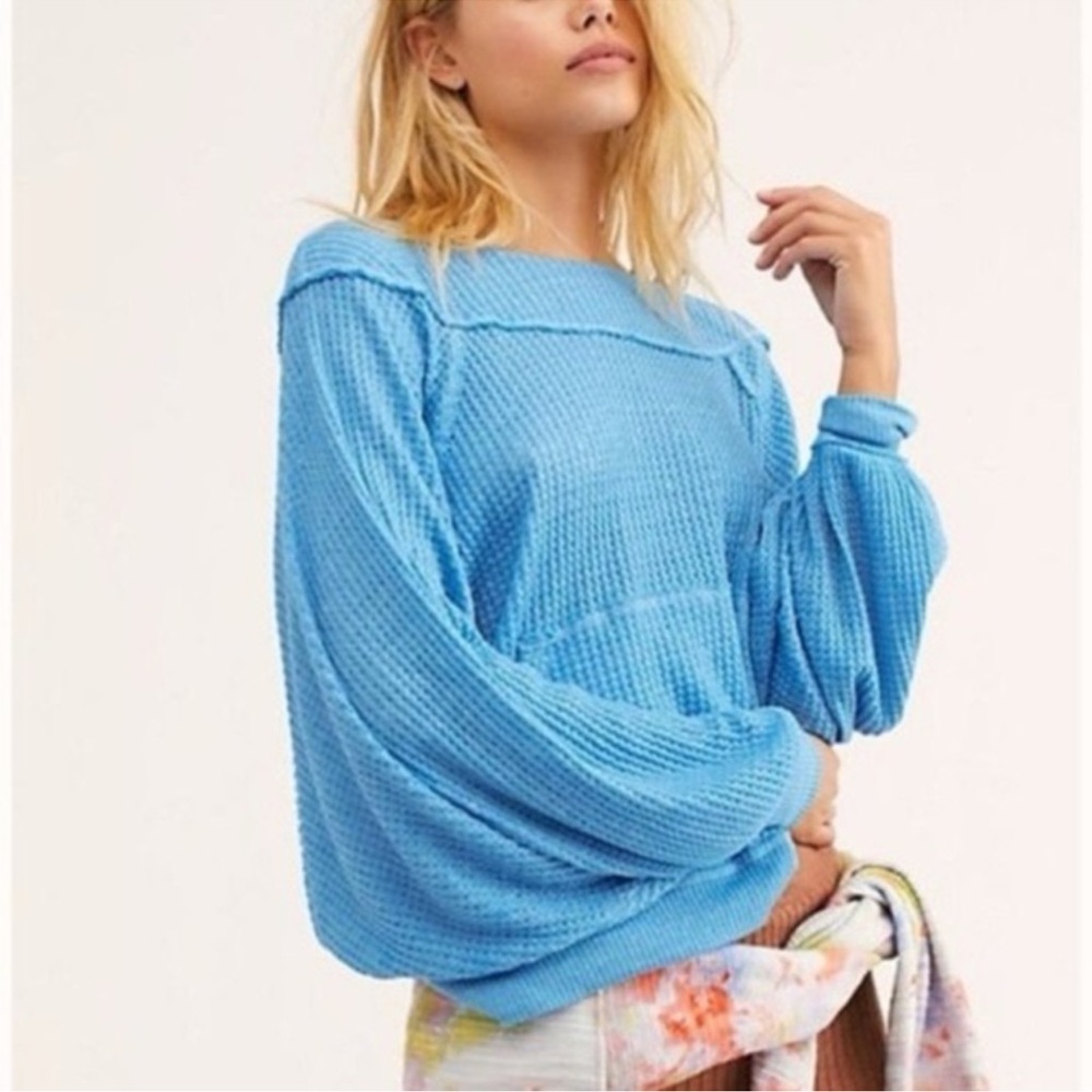 Women’s Free People We The Free Westend Waffle Knit Long Sleeve Top Blue Sz S - Picture 2 of 9